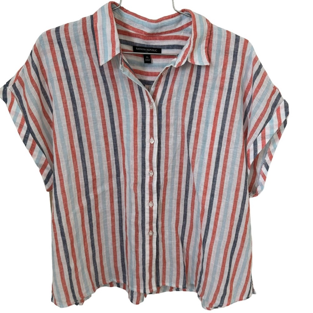 Banana Republic Dolman Boxy Cotton Linen M orange White Blue Striped Button crop
